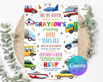 Transportation Birthday Invitation, Truck and Cars Birthday, Truck Birthday Invitation, Train, Cars Birthday Invite, Editable Template
