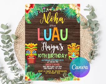 Luau Birthday Invitation, Luau Invitation, Hawaiian Birthday Invitation, Luau Party Invitation, Hawaiian Invitation Editable Luau Invitation