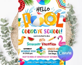 Goodbye school hello pool invitation, End of School Pool Party Invitation, Bye Bye School Hello, Summer Splish Splash, Instant Download