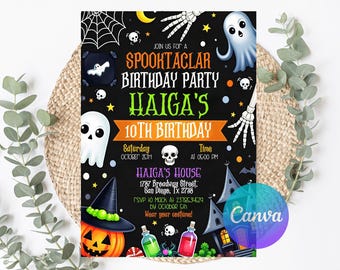 May include: A Halloween-themed birthday party invitation with a black background. The invitation features a spooky design with ghosts, skeletons, and a jack-o'-lantern. Text includes "Spooktacular Birthday Party" and details for Haiga's 10th birthday.