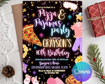 Invitación de cumpleaños editable de pizza y pijamas, fiesta de pijamas, fiesta de pijamas, fiesta de cine para chicas, Canva