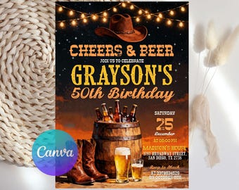 Invitación de cumpleaños "Beer Boots And Cheers", "Cheers and Beers", cumpleaños de vaquero country western, invitación rústica de madera, plantilla editable de Canva