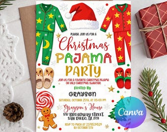 Christmas Pajama Party Invitation, Christmas Party Invitation, Pajamas Invitation, Holiday Party Invite, Xmas Party, Editable Canva Template