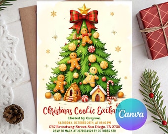 Convite para festa de decoração de biscoitos de Natal, convite para festa de fim de ano, festa de biscoitos de gengibre, modelo editável do Canva
