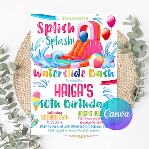 May include: A colorful invitation for a waterside birthday party. The design features a waterslide, balloons, and the text "Splish Splash! Waterslide Bash" to celebrate Haiga's 10th birthday. Details include the date, time, and RSVP information.