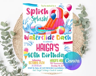 Invitación de cumpleaños editable con tobogán acuático, invitación con tobogán acuático, invitación para fiesta de chapoteo para niño y niña, fiesta con tobogán acuático, plantilla de invitación de Canva