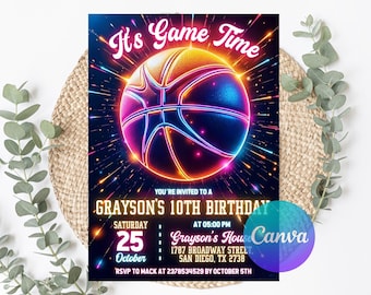 Editable Neon Basketball Birthday Invitation: Sports Theme (Digital Download)