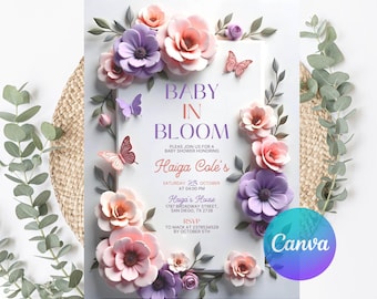 Editable Baby in Bloom Baby Shower Invitation, Wildflower Baby Shower Invite, Pink Spring Flowers Baby Shower Invitation