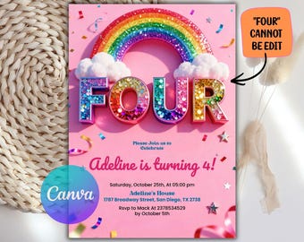 4th Birthday Invitation Girl, Rainbow Sequin Glitter Invite Girls Party, Pink Birthday Invite Instant Download, Editable Canva Template