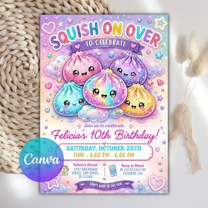Könnte beinhalten: Eine rechteckige Geburtstagseinladungskarte mit dem Text SQUISH ON OVER TO CELEBRATE, Felicia's 10th Birthday, Saturday, October 25th, 4:00 PM - 6:00 PM und Adressdetails. Das Design zeigt fünf bunte, lächelnde Teigtaschen-Charaktere.
