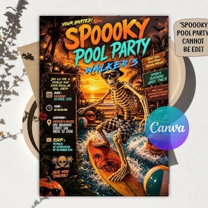 May include: A rectangular invitation card featuring a skeleton wearing sunglasses and checkered swim trunks surfing on a surfboard in a pool at sunset. The text reads SPOOOKY POOL PARTY WALKER'S, with event details including date, time, location, and RSVP info.