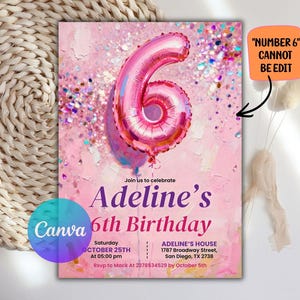 Sjabloon roze 6e verjaardag uitnodiging, glitter verjaardagsfeestje uitnodiging, regenboog folie meisje zesde verjaardag, bewerkbaar canvas