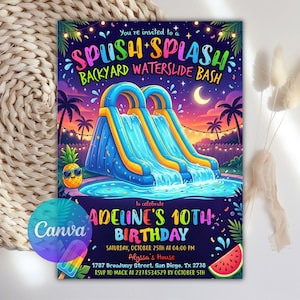 May include: A rectangular invitation card featuring a blue and yellow inflatable double waterslide at night. Text reads: You're invited to a SPLISH SPLASH BACKYARD WATERSLIDE BASH to celebrate ADELINE'S 10TH BIRTHDAY, SATURDAY, OCTOBER 25TH AT 04:00 PM, Alyssa's House.