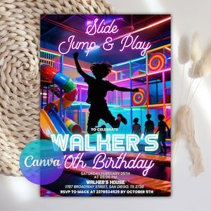 以下が含まれることがあります： 「Slide Jump & Play」と「Walker's Birthday」の文字が入った、カラフルな誕生日パーティーの招待状。子供がジャンプしているシルエット、遊び場、パーティーの日時が特徴です。
