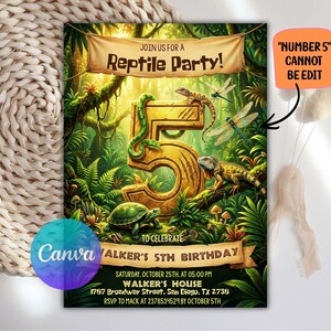 5th Reptile Birthday Invitation, Lizard Birthday Party Invite, Jungle Theme Card, Kids Boys Girls Celebration, Editable Canva