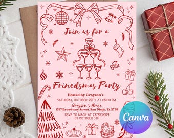 Friendsmas Party Invitation, Christmas Party Invitation, Doodle Friendsmas Party Invitation, Friendsmas Christmas Party Flyer, Editable