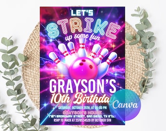 Invitación de cumpleaños de bolos arcoíris neón, fiesta de niñas (plantilla editable)
