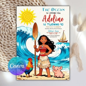 May include: A birthday party invitation featuring a cartoon illustration of a girl holding a paddle, with a rooster and pig. The invitation text reads "The Ocean is Calling You, Adeline is Turning 10". A yellow sun and a sailboat are also depicted.