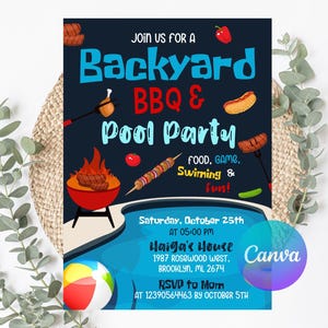 BBQ and Pool Party Invitation Grill Chill Invite Backyard bbq Pool Barbecue Pool Party Summer Printable Editable Download