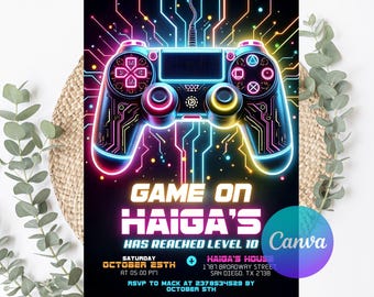 Faire-part de fête d'anniversaire jeu vidéo, passer un niveau supérieur, invitation à une fête d'arcade, invitation néon phosphorescent, gamer vidéo phosphorescent, toile modifiable