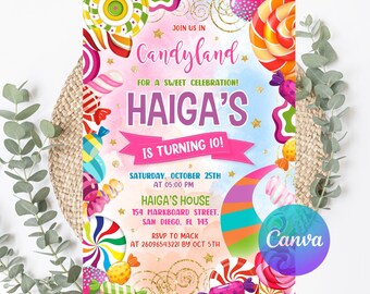 Editable Sweet Celebration Birthday Invitation, Candy Land Invitation, Candy Birthday Party Invitation, Candyland, Printable Canva Template