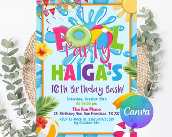 May include: A colorful pool party invitation with the text "Pool Party Haiga's 10th Birthday Bash!" featuring a beach ball, pool float, and water splash graphics. The invitation includes event details: date, time, location, and RSVP information.