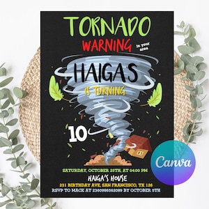 Può includere: Biglietto d'invito nero con un'illustrazione di tornado. Il testo recita "Tornado Warning" e "Haiga's is Turning 10". Include i dettagli dell'evento: data, ora, luogo e informazioni RSVP. Il logo Canva è in basso a destra.