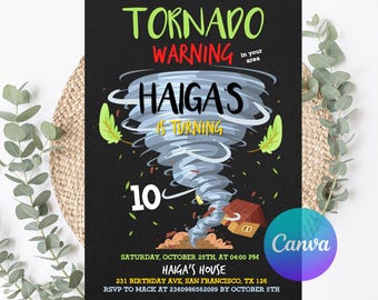Editable Tornado Birthday Party Invitation, Birthday Invitations, Tornado Party, Tornado Birthday, Tornado Invitations, with CANVA