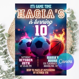 Editable Sports Invitation, Sports Party Birthday Invitation, Sport Theme Invite, Sports Flyer, All Star Sports Invitation Template