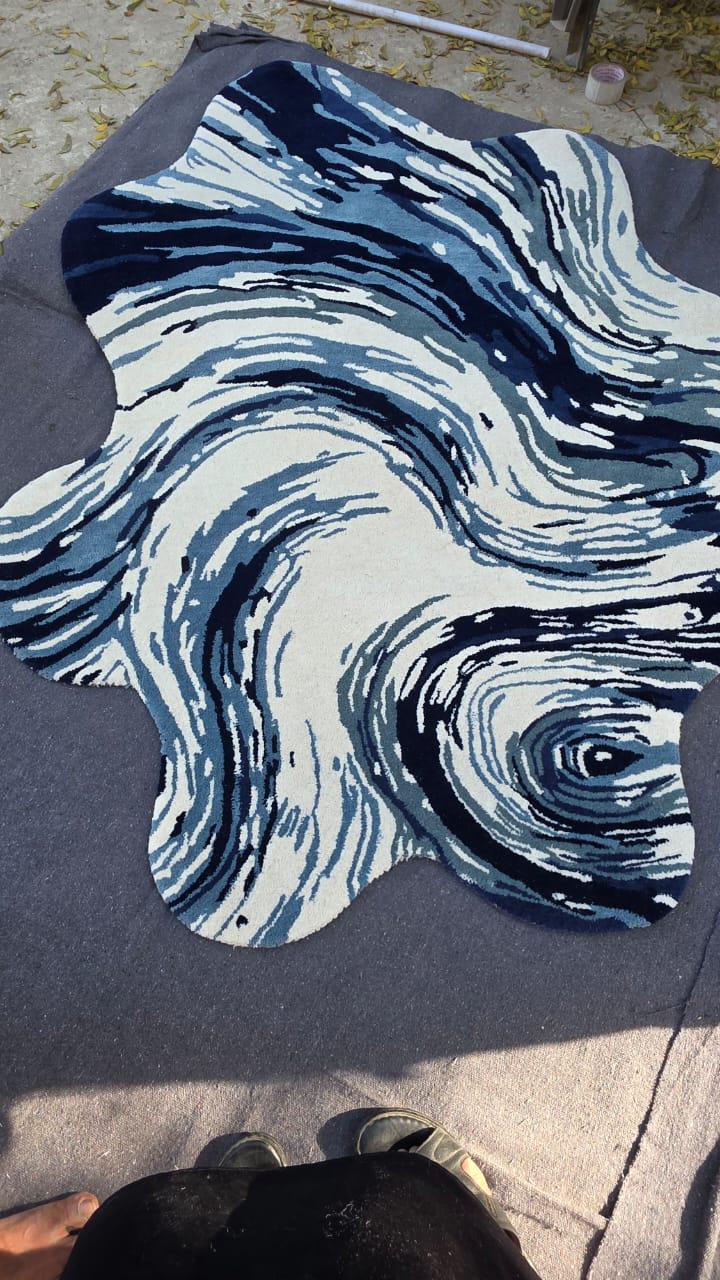 Handmade Wool & Cotton Rug – Wavy Abstract Blue, Ocean-inspired Carpet ...