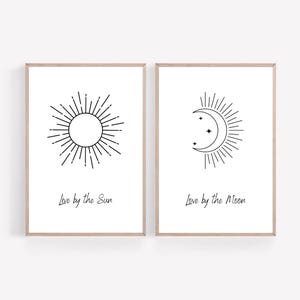 Live by the Sun Love by the Moon Art Set of 2 Prints, Minimalist Sun and Moon Wall Art, Boho Sun Moon Digital Art, Sun and Moon Print Set