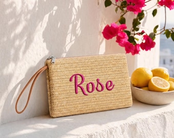 Pochette in paglia personalizzata con ricamo personalizzato, borsetta da spiaggia intrecciata, borsa per le vacanze estive, regalo per damigella d'onore
