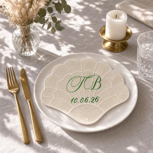 Personalized Shell Placemat , Custom Embroidered Wedding Place Card , Scalloped Table Decor , Bridal Shower Favor , Guest Keepsake Gift