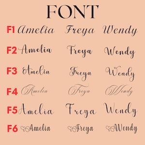 May include: A chart titled FONT displaying six different black script typography styles labeled F1 through F6. Each row demonstrates the font using the names Amelia, Freya, and Wendy. The background is a solid light peach color.