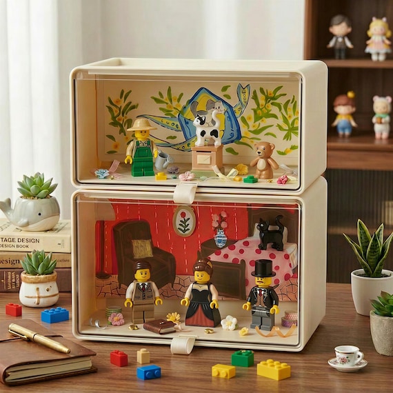 Hand-painted Background Acrylic Display Case for Blind Box Figures - Mini Diorama Shadow Box,Acrylic Shadow Box with Hand-painted Scene