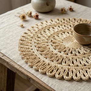 Boho Mandala Placemat , Handwoven Jute Table Mat with Fringe , Bohemian Dining Decor , Natural Fiber Kitchen Tableware , Housewarming Gift
