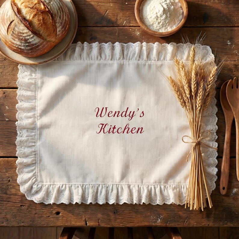 May include: A cream-colored placemat with a ruffled lace edge and the text "Wendy's Kitchen" in burgundy script. A bundle of wheat stalks tied with twine and wooden utensils are on a rustic wooden table. A loaf of bread and a bowl of flour are also present.
