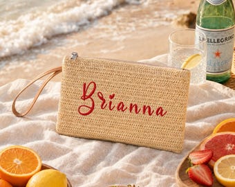 Pochette in paglia personalizzata con ricamo personalizzato, borsetta da spiaggia intrecciata, borsa per le vacanze estive, regalo per damigella d'onore