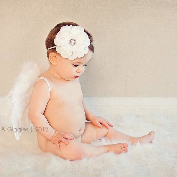 Large White Peony with Pearl and Rhinestone Center on a Skinny Headband (Infant, Toddler, Child)  Great Photo Prop