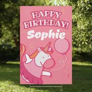 Custom Unicorn Birthday Yard Sign | Personalized Outdoor Party Sign with Name | Cute Pink Birthday Décor for Girls + Aluminum Stake