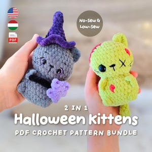 2-in-1 Halloween Cat Low Sew Crochet Patterns, Witch & Zombie Kitty Amigurumi (PDF Tutorial)