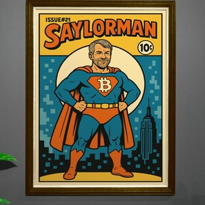 May include: Framed comic book art featuring a superhero named "SaylorMan." The artwork depicts a man in a blue and orange superhero costume with a "B" logo. The background includes a cityscape and the text "Issue #21."