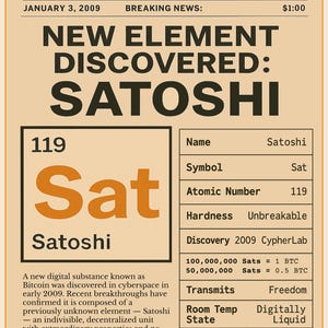 Satoshi: New Element - Bitcoin Poster, Crypto Wall Art, BTC Decor, Digital Download, Crypto Gift, Bitcoin Gift, Bitcoin Decor