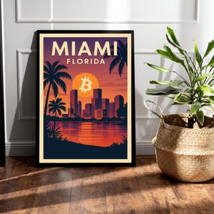 Bitcoin Sunset Poster Miami - Vaporwave Crypto Wall Art, Bitcoin Poster, BTC Print, Bitcoin Gift, Digital Download, Bitcoin Travel Print