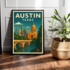 Puede incluir: Impresión artística enmarcada con una ilustración de estilo vintage de Austin, Texas. La obra de arte muestra el horizonte de la ciudad, un puente y el edificio del Capitolio del Estado de Texas, con el texto "AUSTIN TEXAS" en la parte superior. La impresión está en un marco negro.