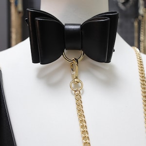 Elegant Black Bow Leather Collar with Gold O-Ring – Cute Adjustable Choker for Petplay, Cosplay, or Submissive Fashion