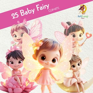 Puede incluir: Ilustración digital de cinco hadas bebés con ojos grandes, vestidas con vestidos rosas y adornadas con alas brillantes. La imagen incluye el texto "25 Baby Fairy Cliparts" en una pancarta rosa.