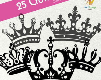 Könnte beinhalten: Eine Sammlung schwarzer Kronen-Cliparts. Das Bild zeigt verschiedene Kronenstile, darunter verzierte und schlichte Designs. Der Text "25 Crown Clipart" ist auf einem rosa diagonalen Banner zu sehen. Die Kronen sind vor einem weißen Hintergrund platziert.