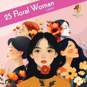 25 Floral Woman Clipart, Girl Boss Clipart, Woman Clip Art, Girl Clip Art Bundle, Watercolor Digital Sticker