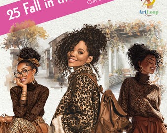 25 autumn woman, autumn landscape, black woman, woman clipart, digital download, fall clipart, cozy autumn, autumn png, fall vibes.